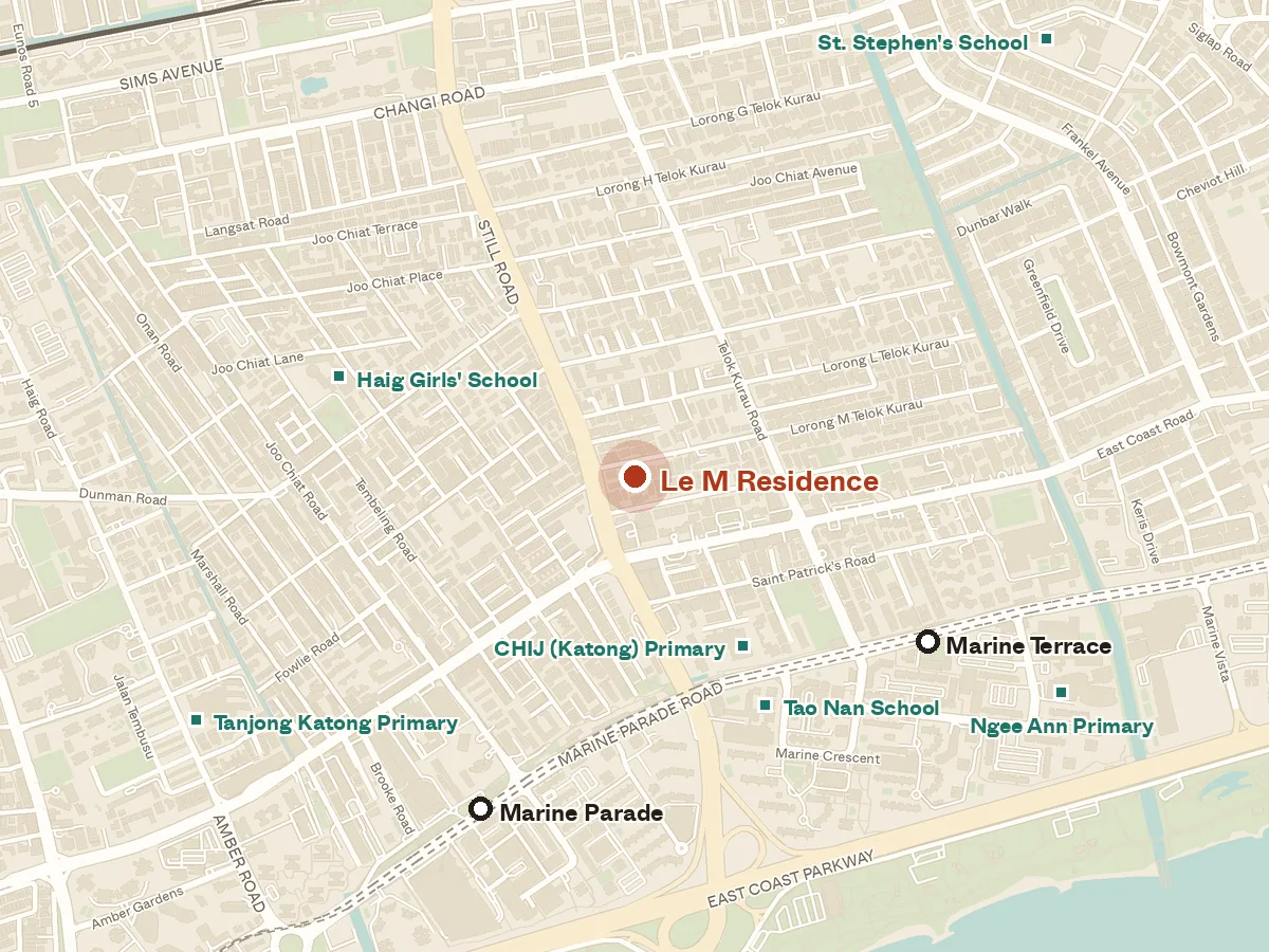 Map of the area around Le M Residence, with nearby MRT stations and primary schools