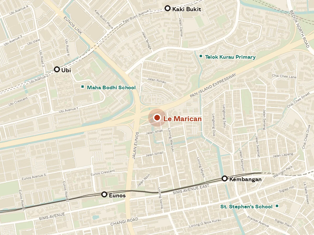 Map of the area around Le Marican, with nearby MRT stations and primary schools