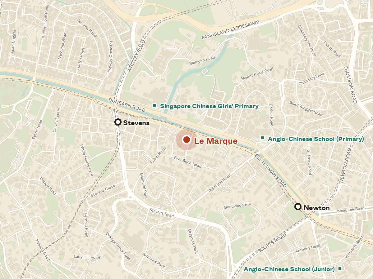 Map of the area around Le Marque, with nearby MRT stations and primary schools