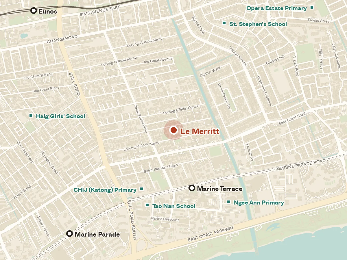 Map of the area around Le Merritt, with nearby MRT stations and primary schools