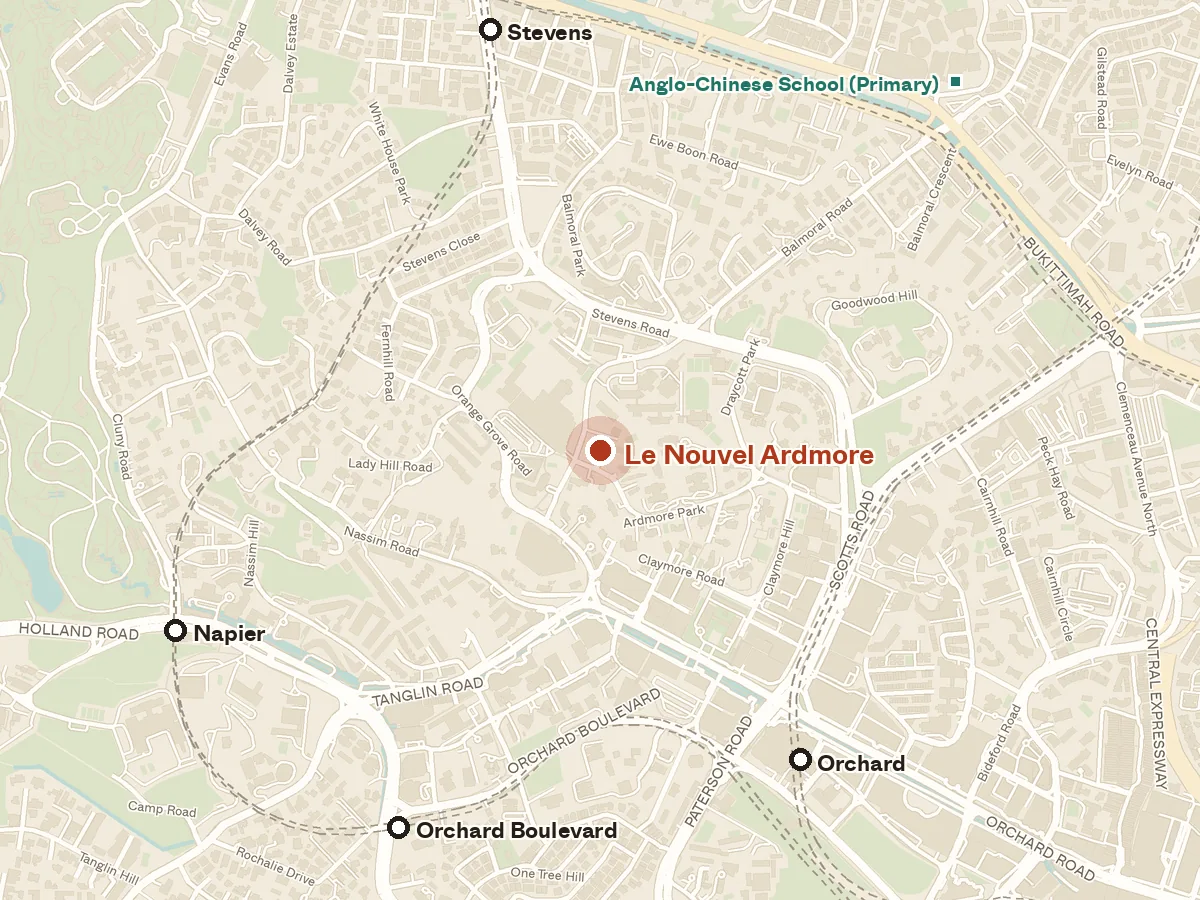 Map of the area around Le Nouvel Ardmore, with nearby MRT stations and primary schools