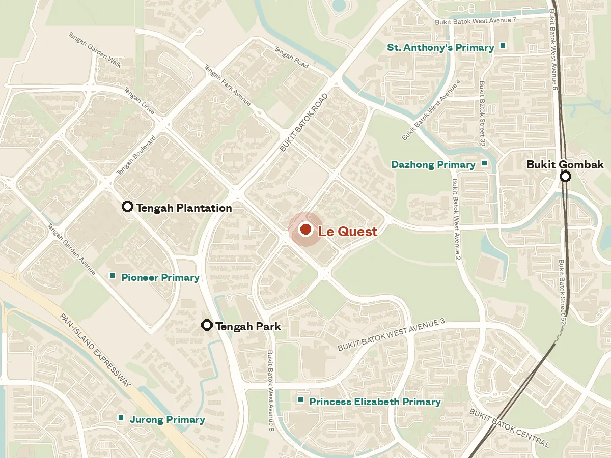 Map of the area around Le Quest, with nearby MRT stations and primary schools
