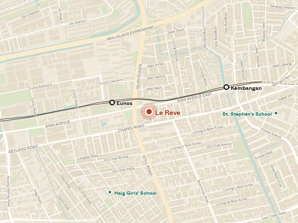 Map of the area around Le Reve, with nearby MRT stations and primary schools