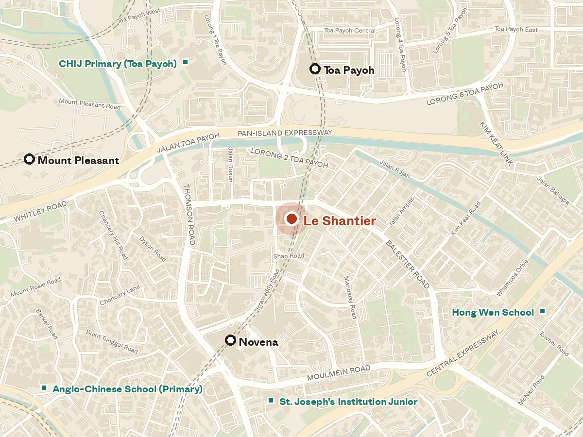 Map of the area around Le Shantier, with nearby MRT stations and primary schools