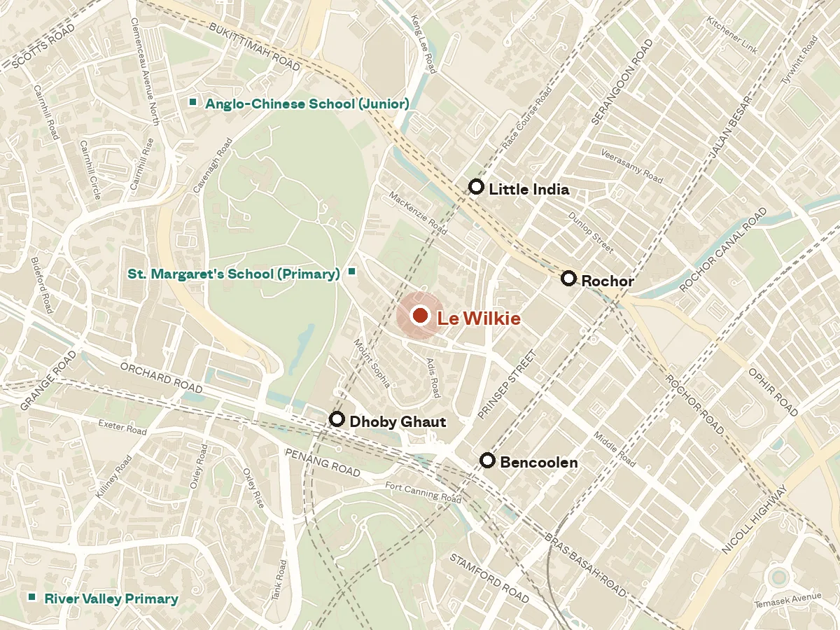 Map of the area around Le Wilkie, with nearby MRT stations and primary schools