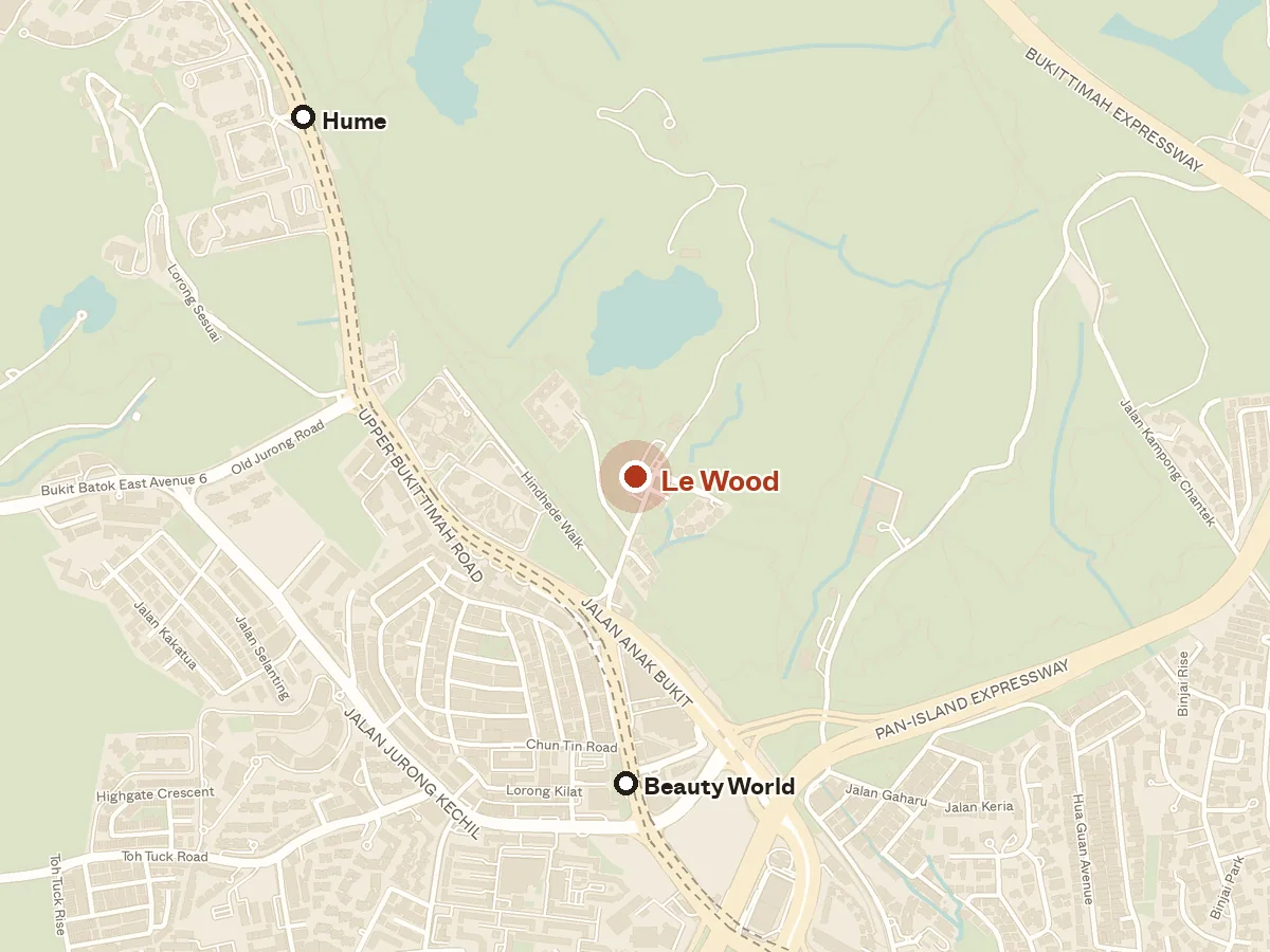 Map of the area around Le Wood, with nearby MRT stations and primary schools