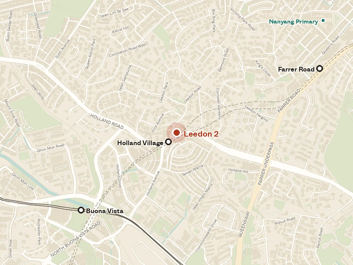 Map of the area around Leedon 2, with nearby MRT stations and primary schools
