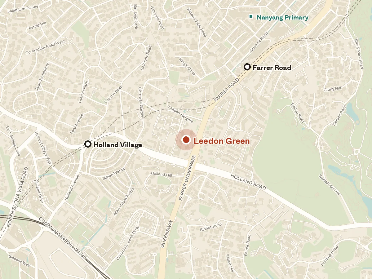 Map of the area around Leedon Green, with nearby MRT stations and primary schools