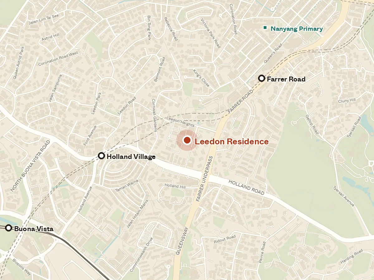 Map of the area around Leedon Residence, with nearby MRT stations and primary schools