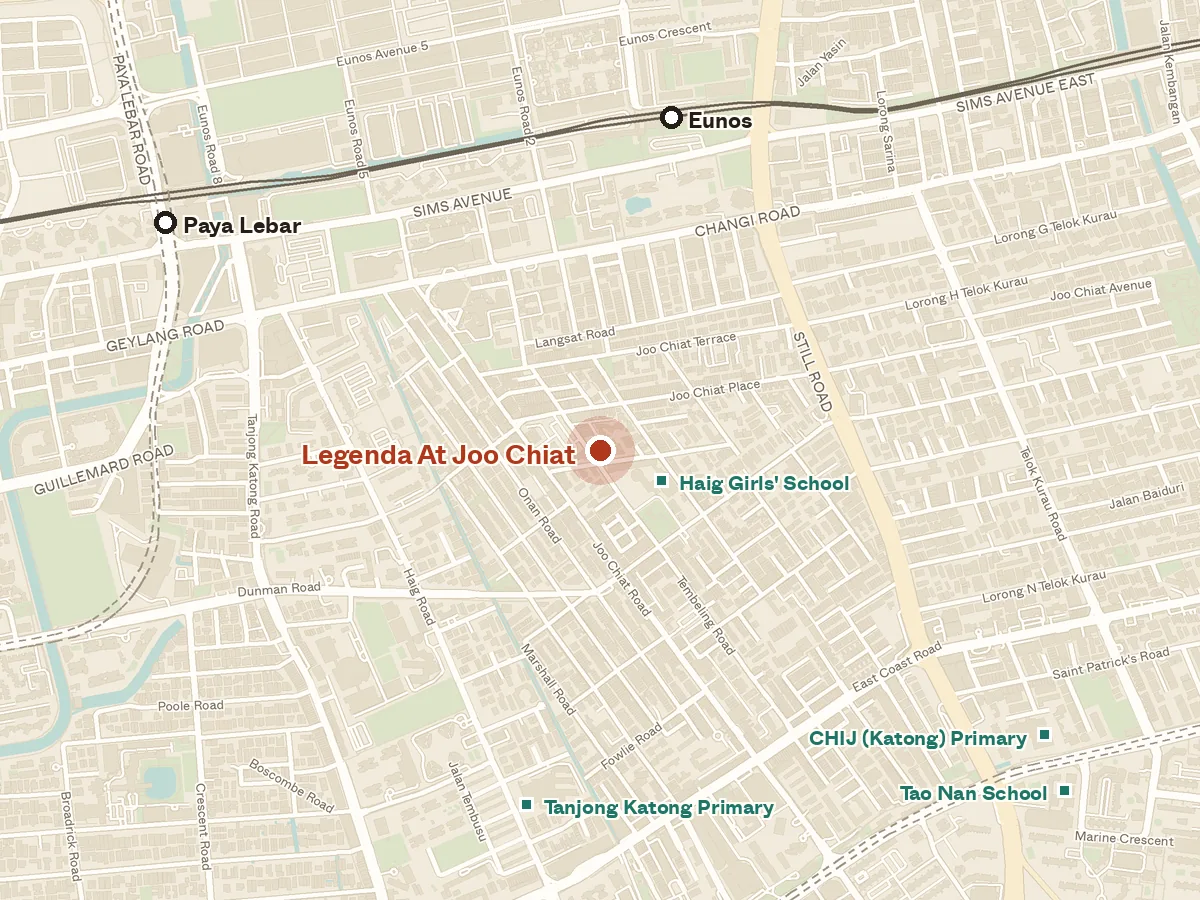 Map of the area around Legenda at Joo Chiat, with nearby MRT stations and primary schools
