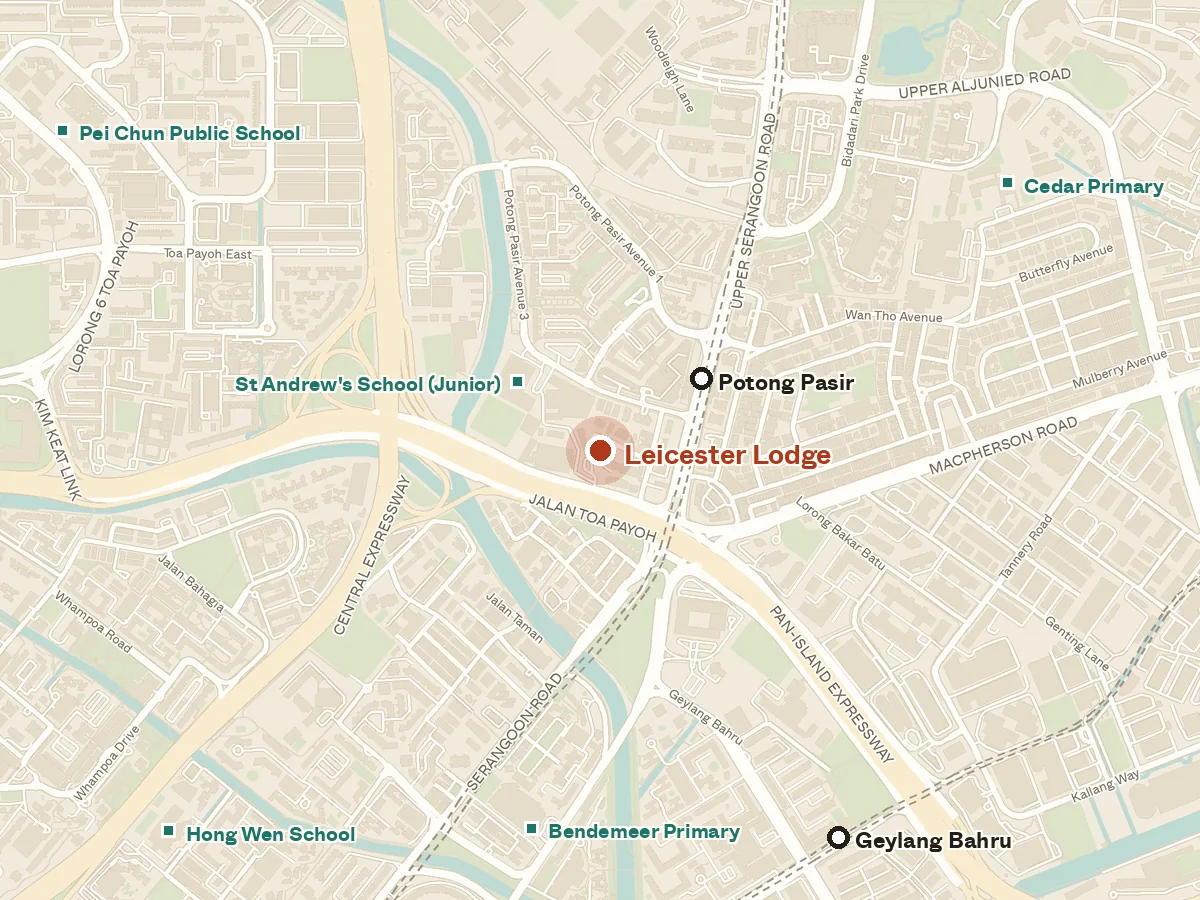 Map of the area around Leicester Lodge, with nearby MRT stations and primary schools