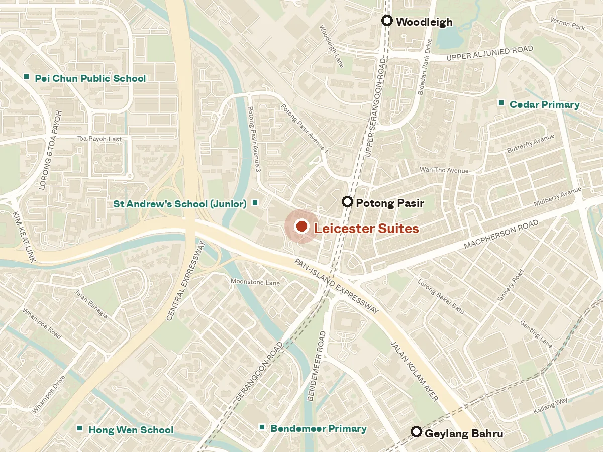 Map of the area around Leicester Suites, with nearby MRT stations and primary schools