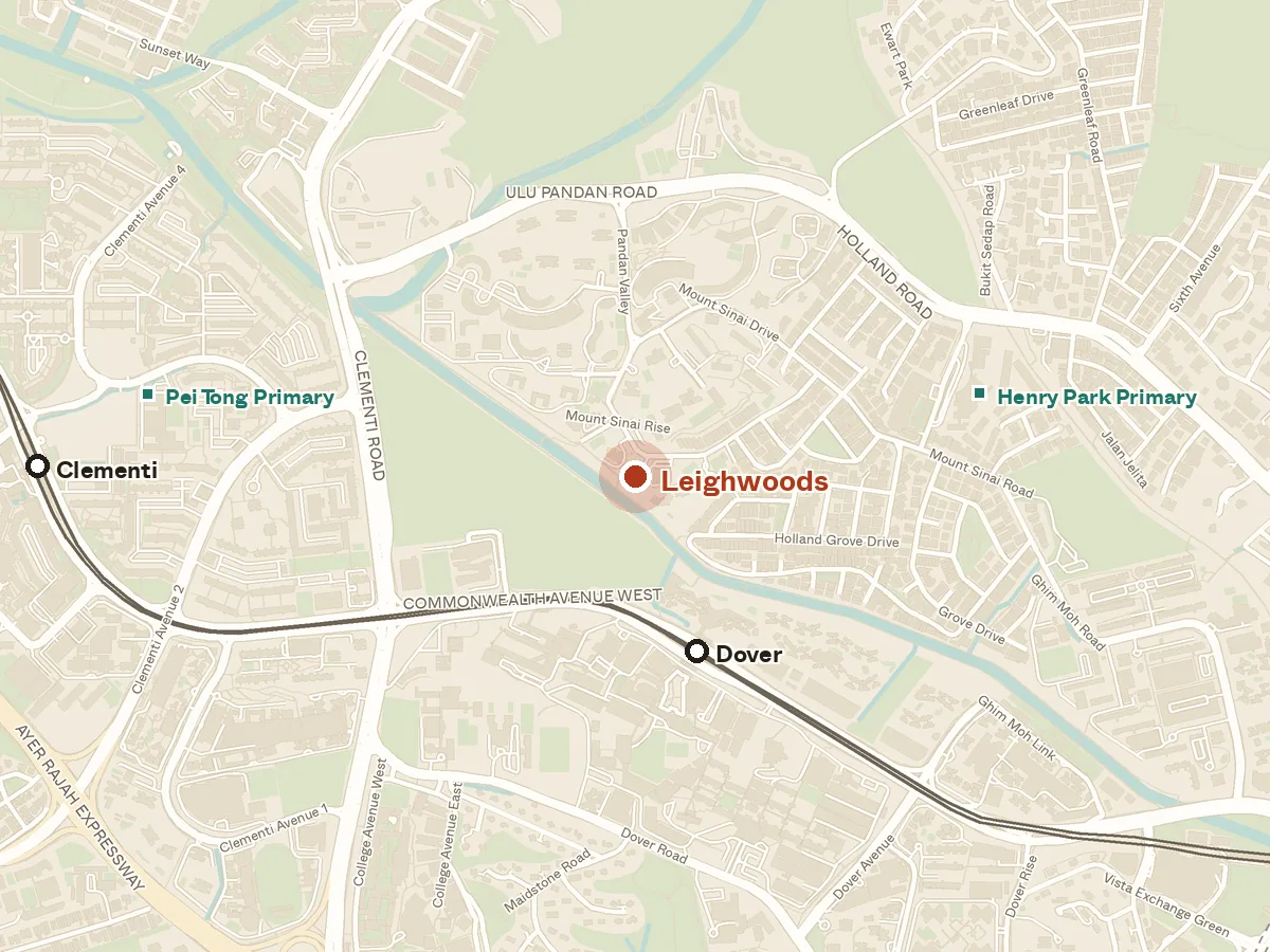 Map of the area around Leighwoods, with nearby MRT stations and primary schools