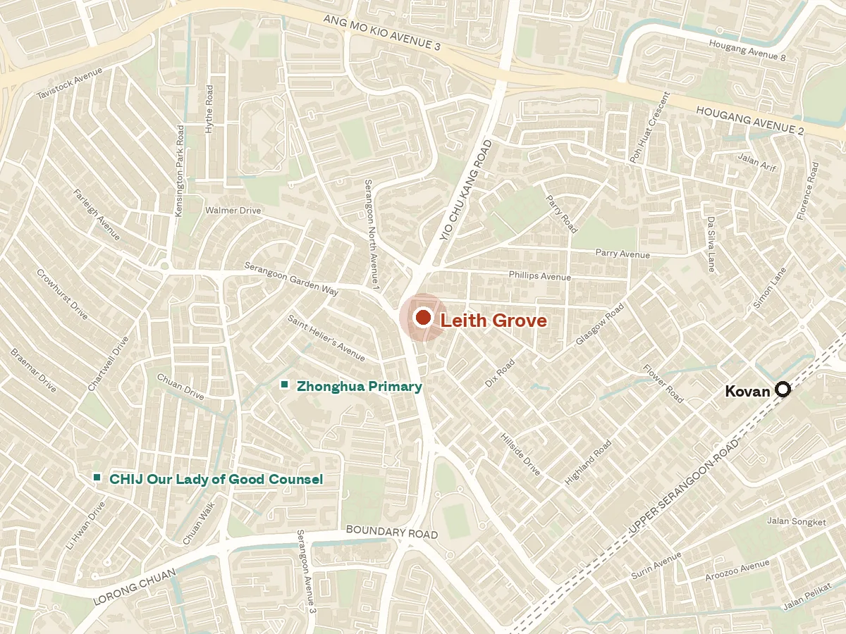 Map of the area around Leith Grove, with nearby MRT stations and primary schools