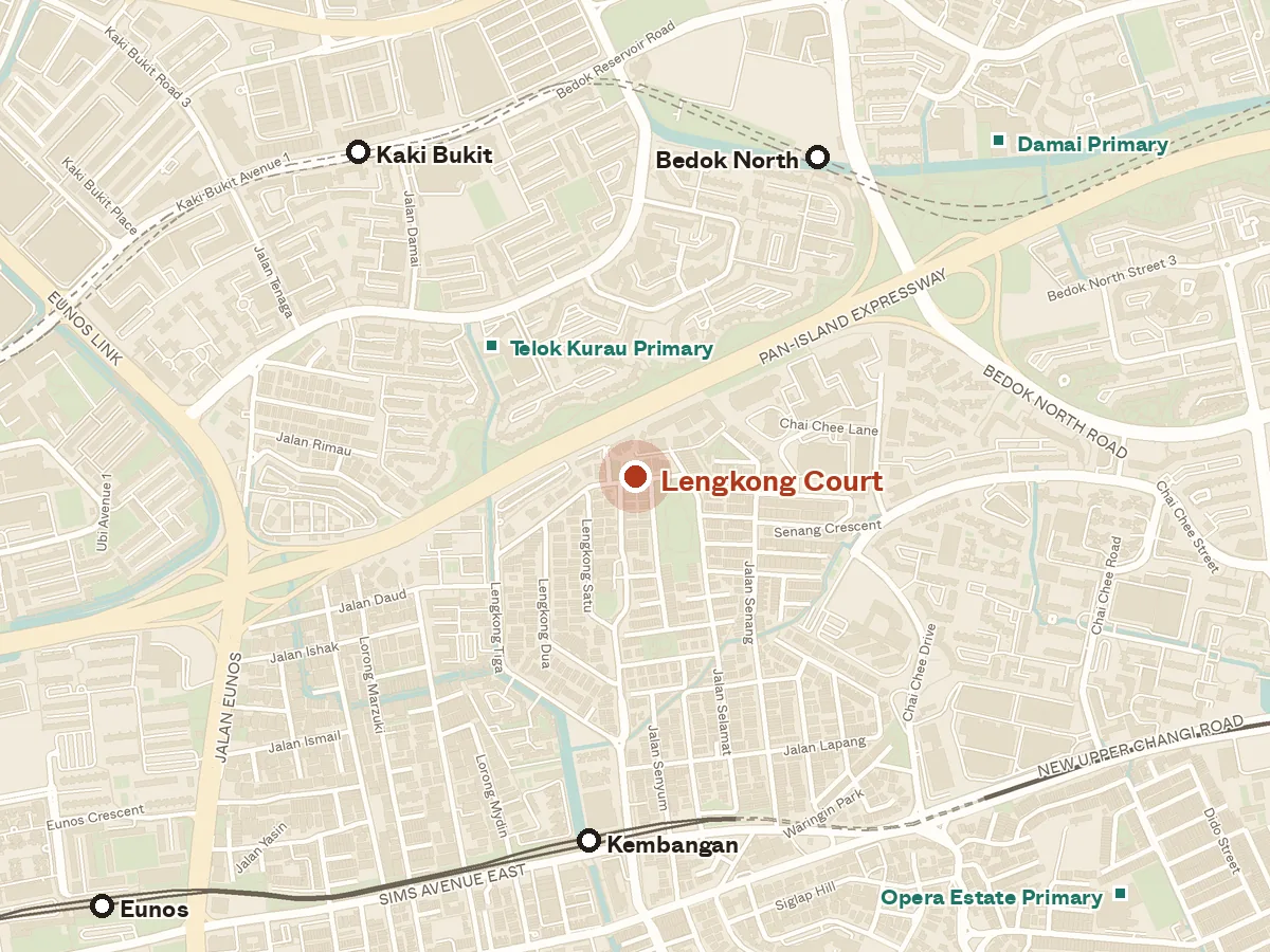 Map of the area around Lengkong Court, with nearby MRT stations and primary schools