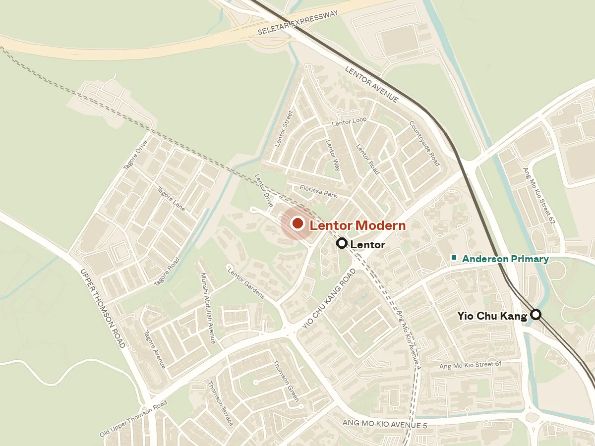 Map of the area around Lentor Modern, with nearby MRT stations and primary schools