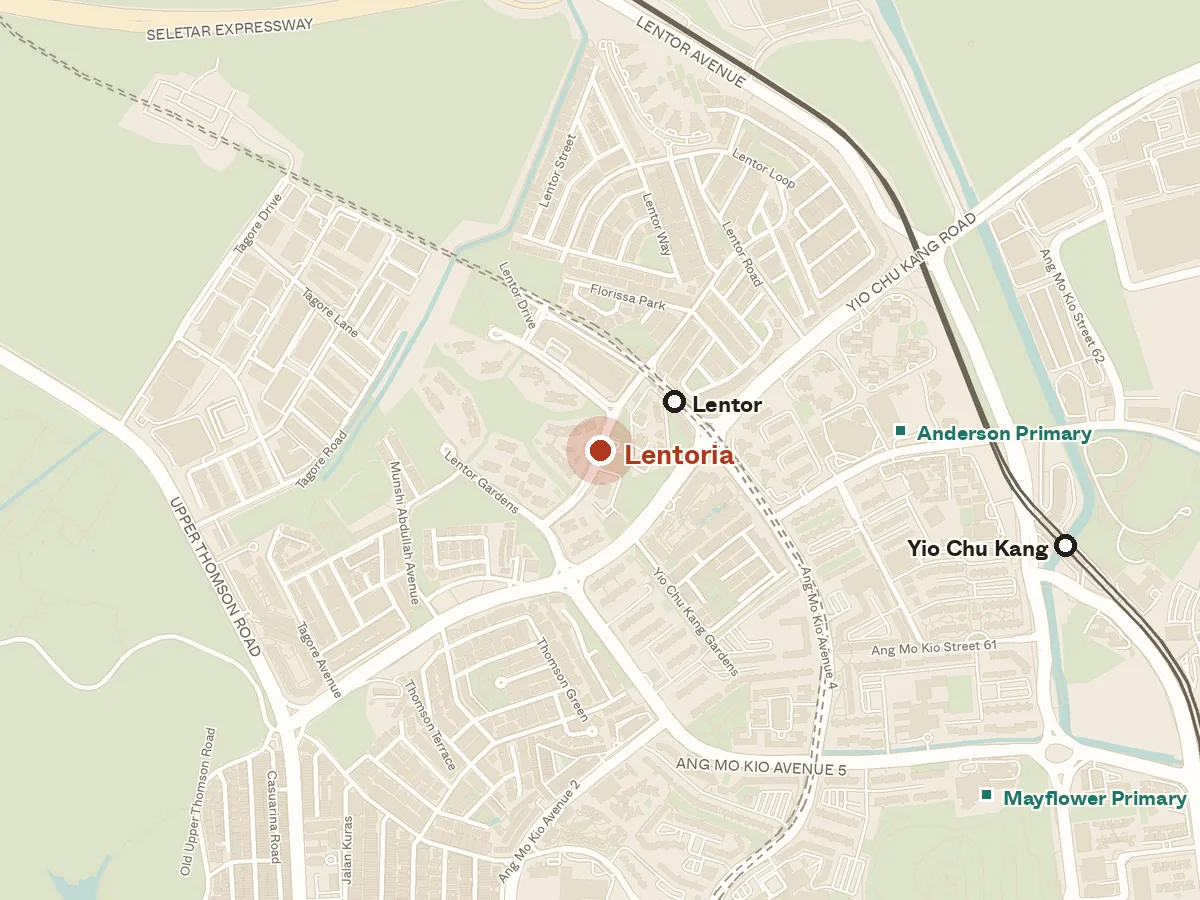 Map of the area around Lentoria, with nearby MRT stations and primary schools