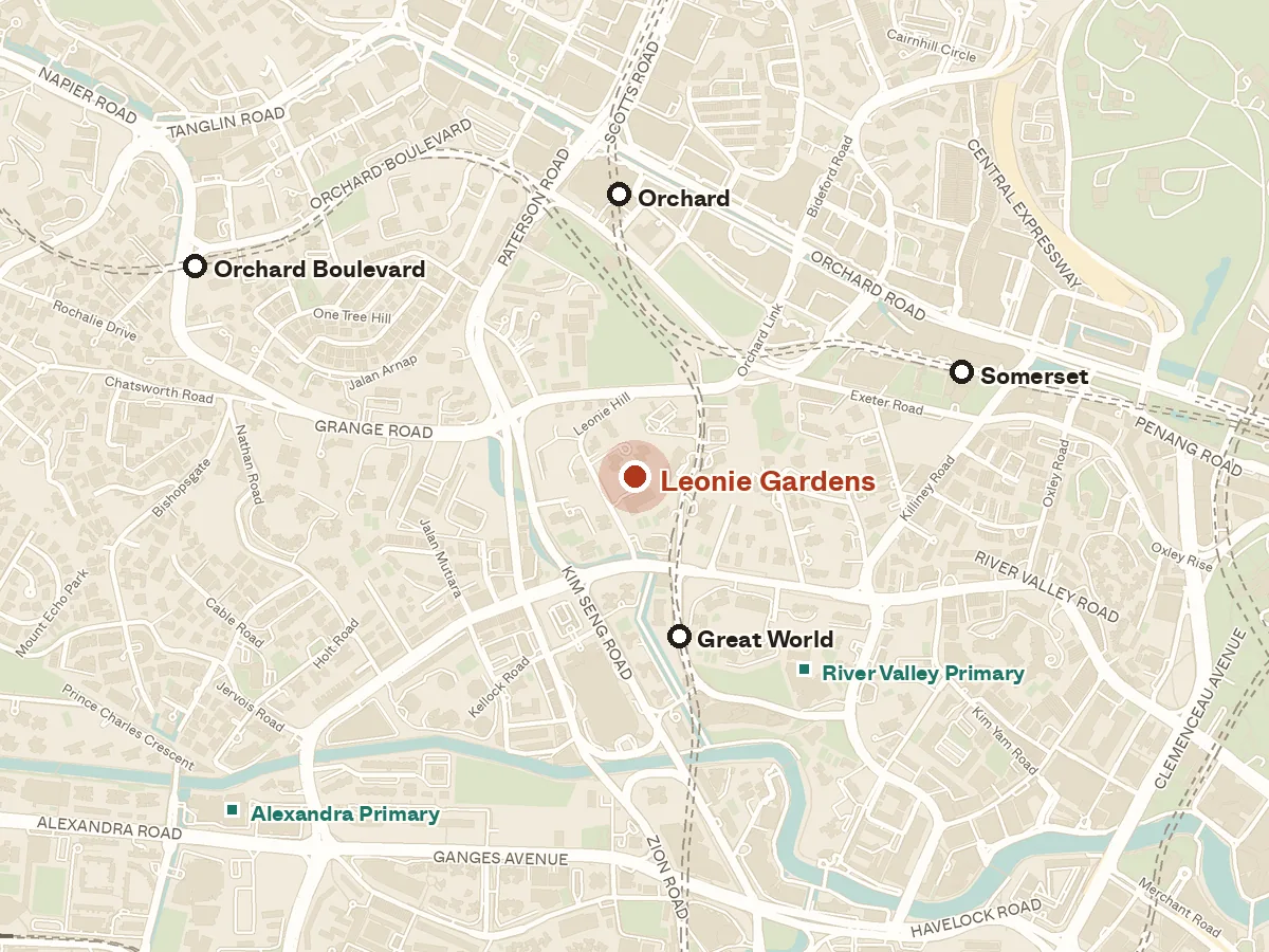 Map of the area around Leonie Gardens, with nearby MRT stations and primary schools