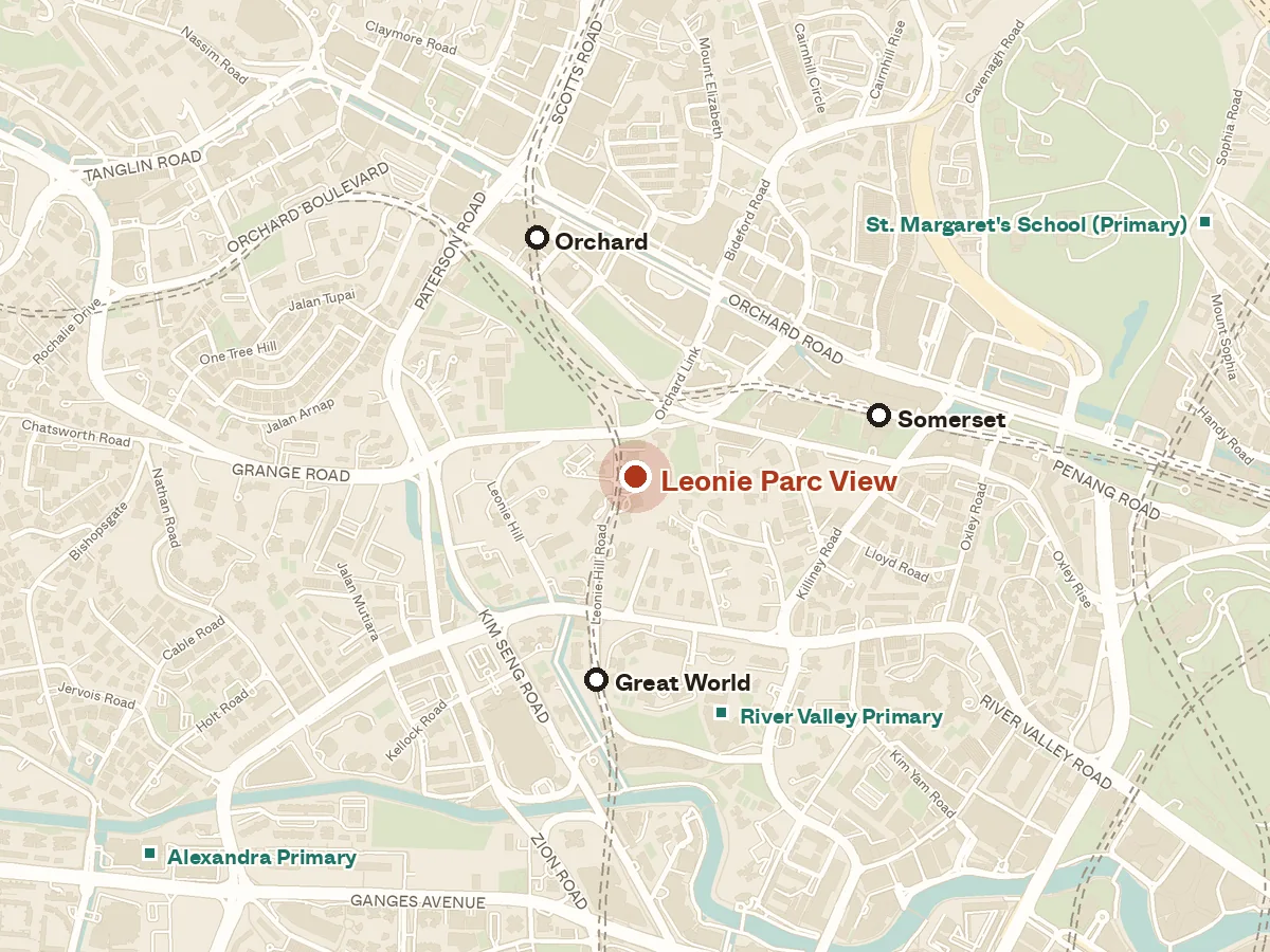Map of the area around Leonie Parc View, with nearby MRT stations and primary schools