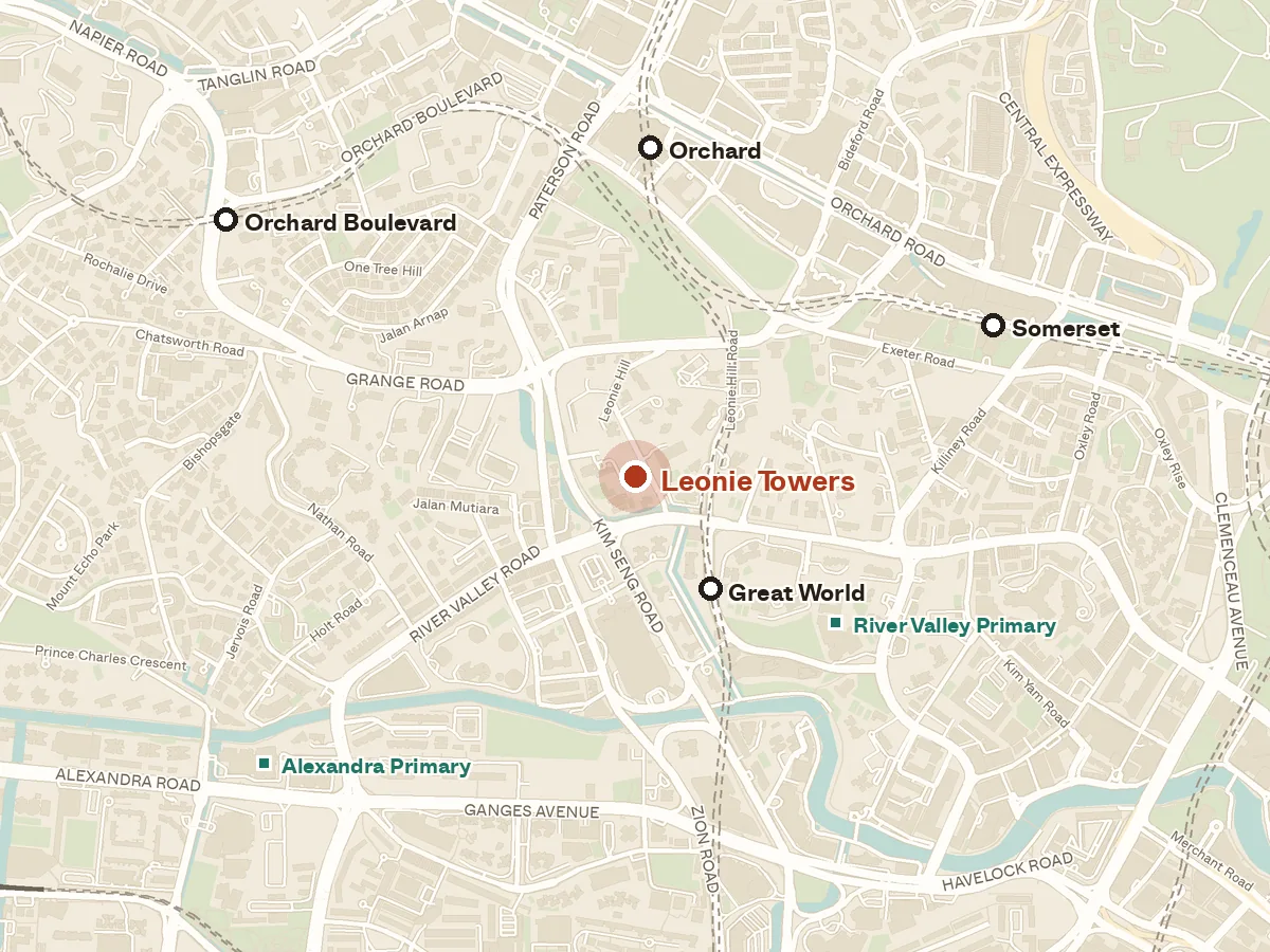 Map of the area around Leonie Towers, with nearby MRT stations and primary schools