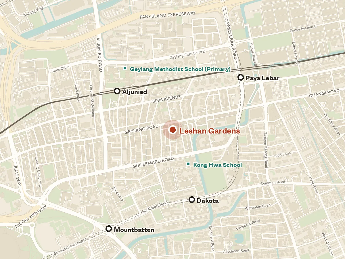 Map of the area around Leshan Gardens, with nearby MRT stations and primary schools