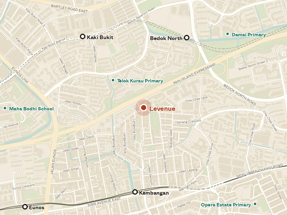 Map of the area around Levenue, with nearby MRT stations and primary schools