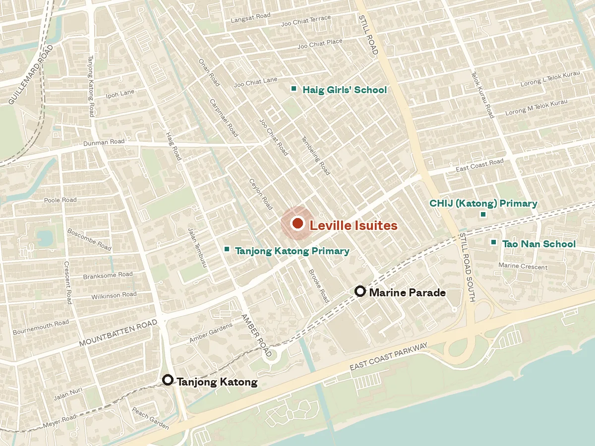 Map of the area around Leville Isuites, with nearby MRT stations and primary schools
