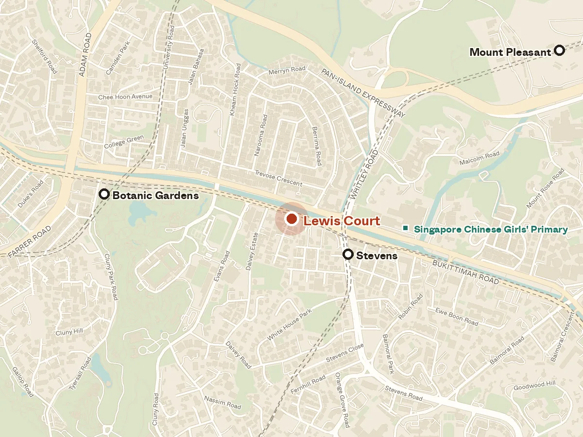 Map of the area around Lewis Court, with nearby MRT stations and primary schools
