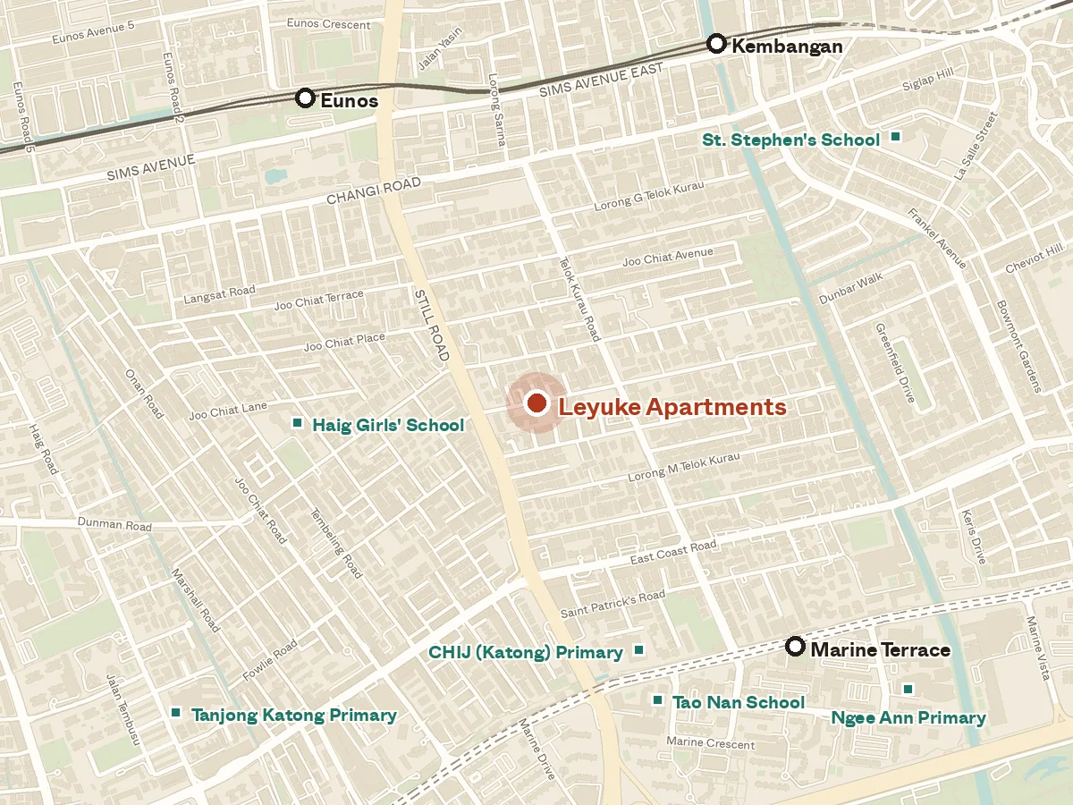 Map of the area around Leyuke Apartments, with nearby MRT stations and primary schools