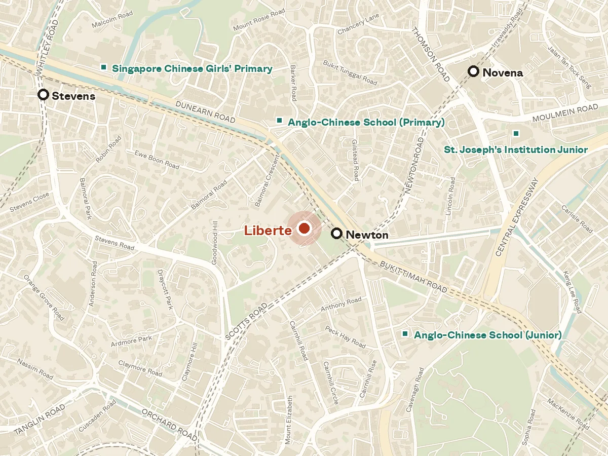 Map of the area around Liberte, with nearby MRT stations and primary schools