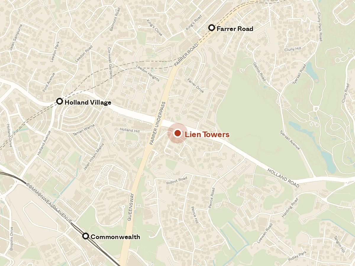 Map of the area around Lien Towers, with nearby MRT stations and primary schools