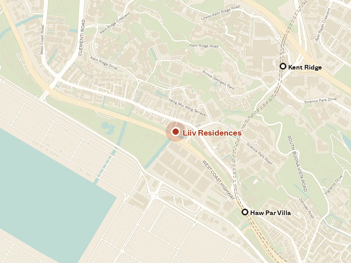 Map of the area around Liiv Residences, with nearby MRT stations and primary schools