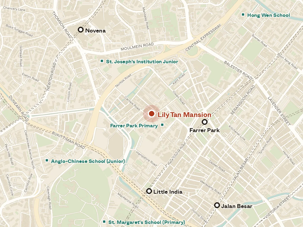 Map of the area around Lily Tan Mansion, with nearby MRT stations and primary schools