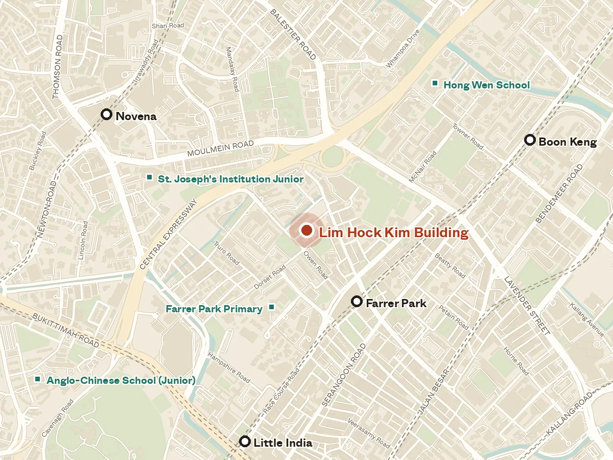 Map of the area around Lim Hock Kim Building, with nearby MRT stations and primary schools