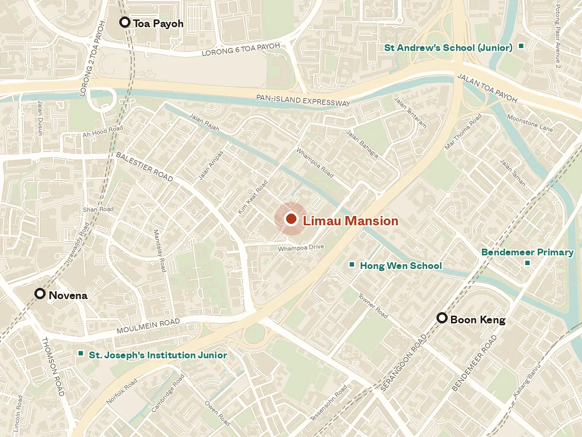 Map of the area around Limau Mansion, with nearby MRT stations and primary schools