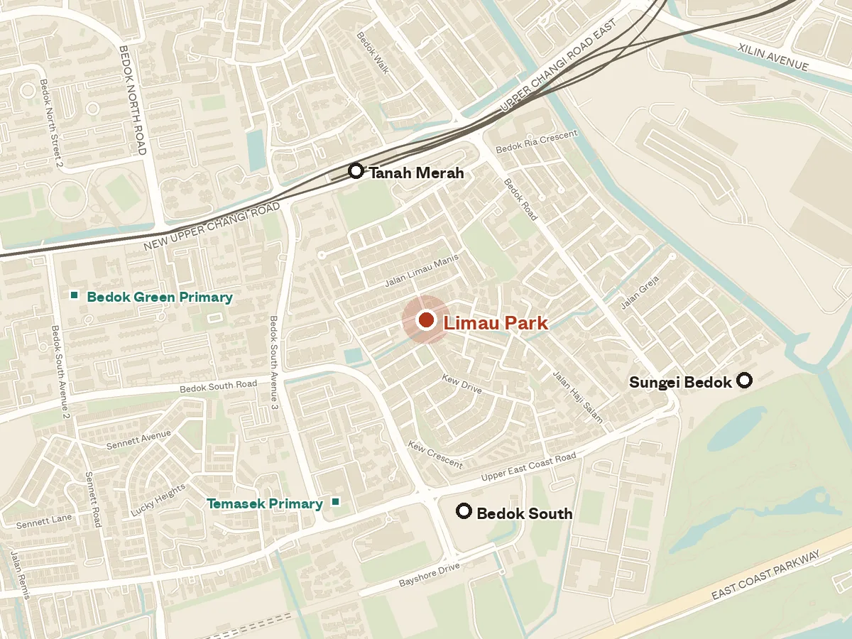 Map of the area around Limau Park, with nearby MRT stations and primary schools