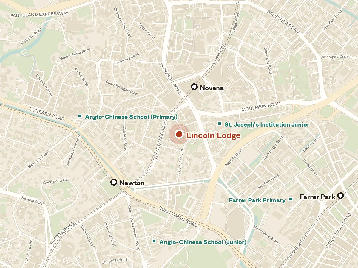 Map of the area around Lincoln Lodge, with nearby MRT stations and primary schools