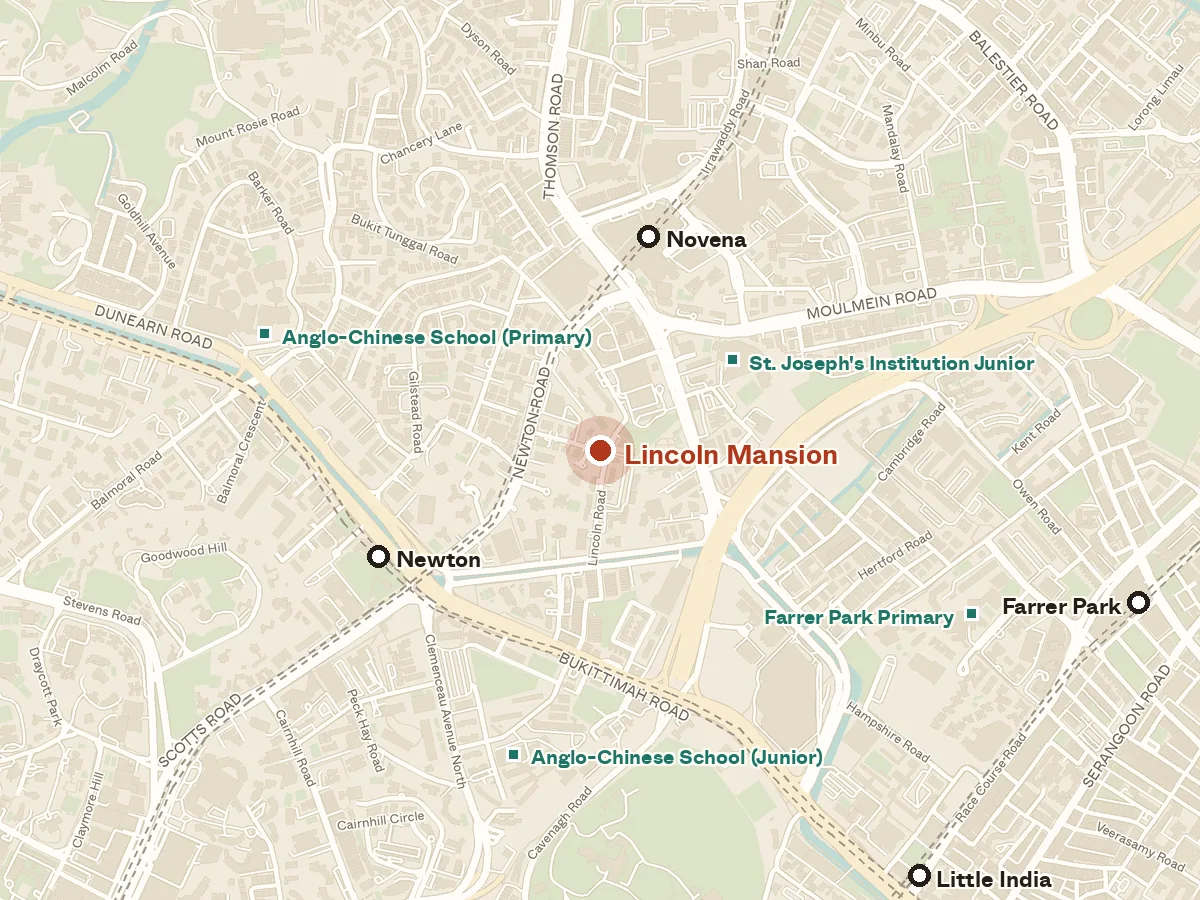 Map of the area around Lincoln Mansion, with nearby MRT stations and primary schools