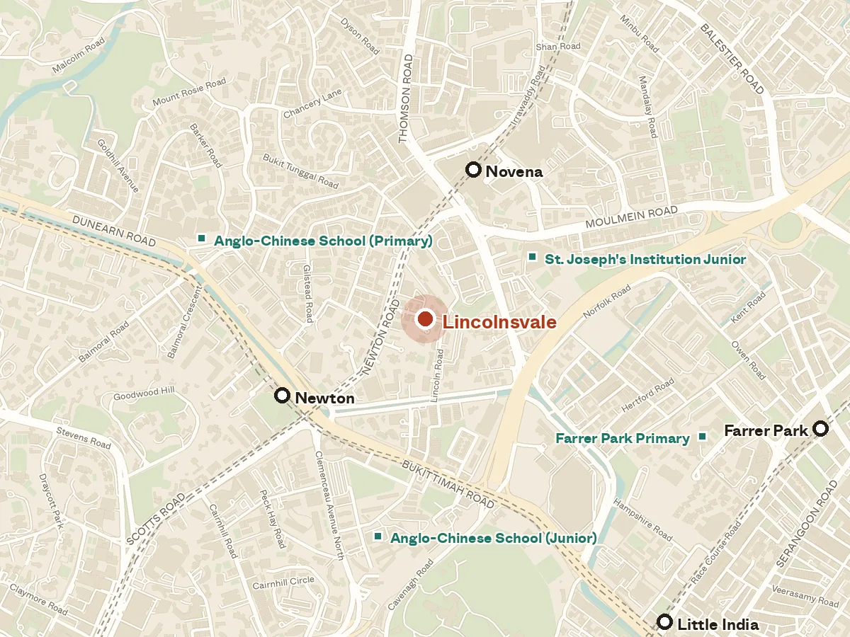 Map of the area around Lincolnsvale, with nearby MRT stations and primary schools