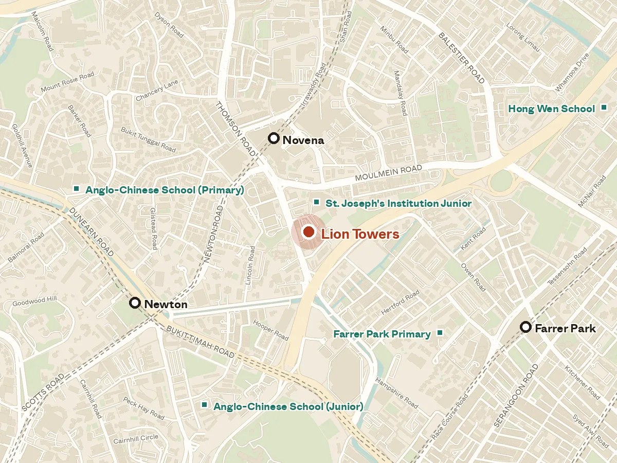 Map of the area around Lion Towers, with nearby MRT stations and primary schools