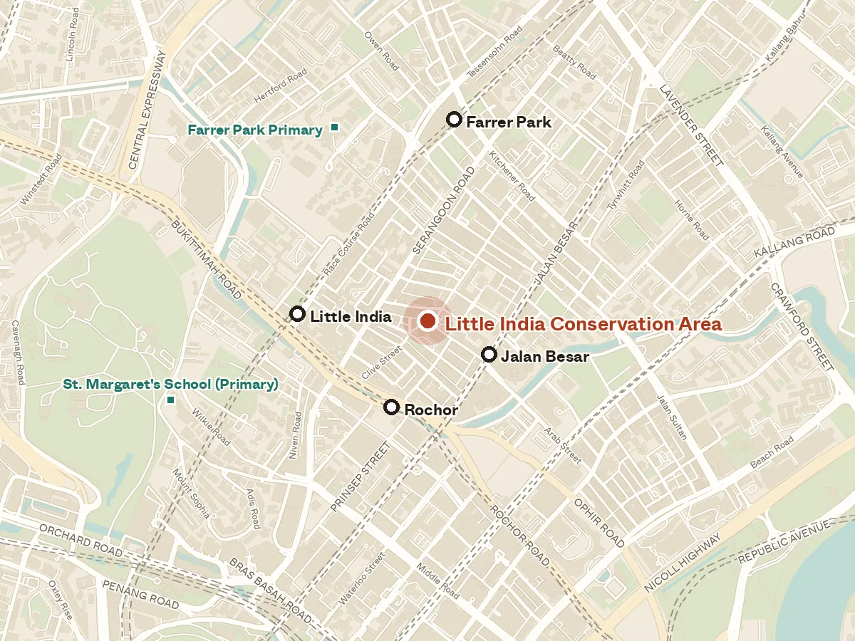 Map of the area around Little India Conservation Area, with nearby MRT stations and primary schools