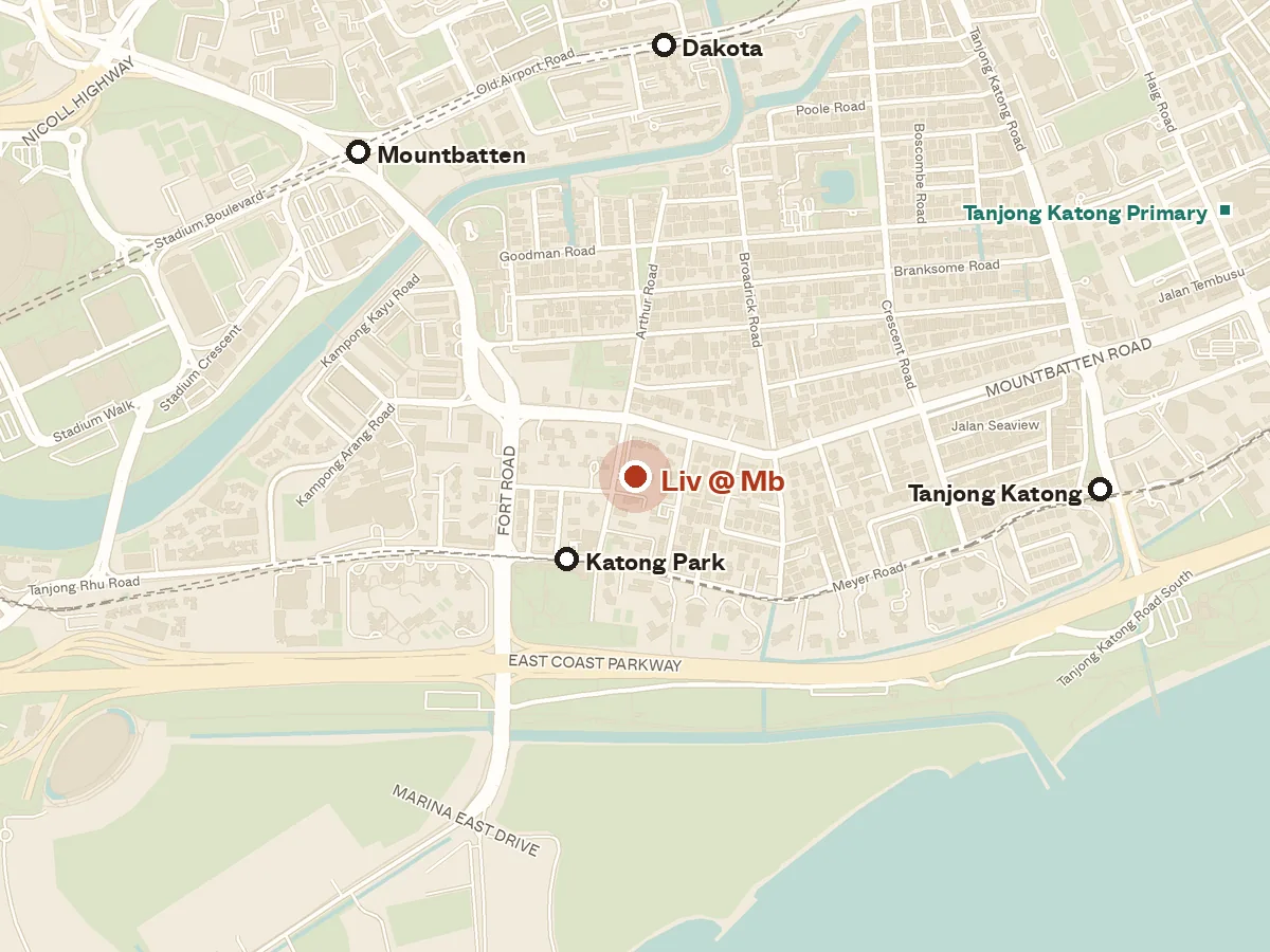 Map of the area around Liv @ Mb, with nearby MRT stations and primary schools