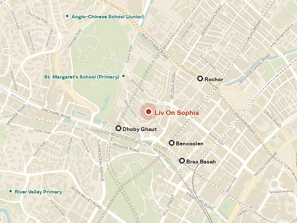 Map of the area around Liv on Sophia, with nearby MRT stations and primary schools