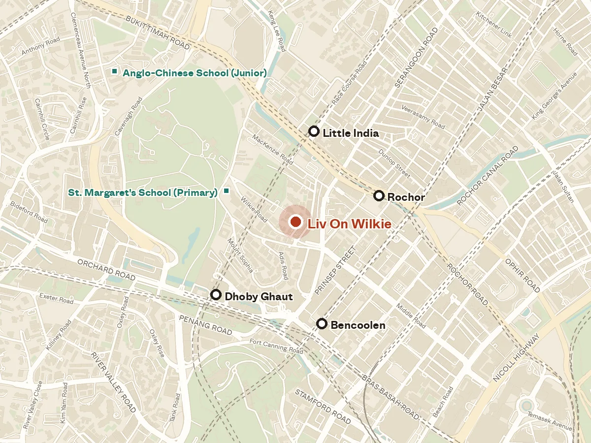 Map of the area around Liv on Wilkie, with nearby MRT stations and primary schools