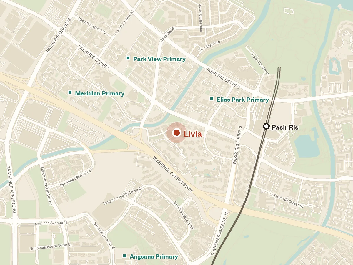 Map of the area around Livia, with nearby MRT stations and primary schools