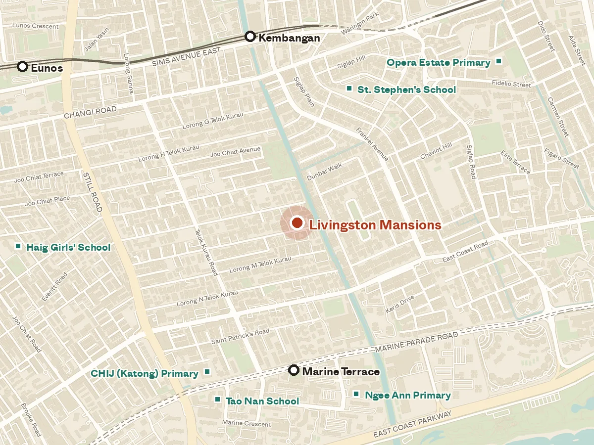 Map of the area around Livingston Mansions, with nearby MRT stations and primary schools