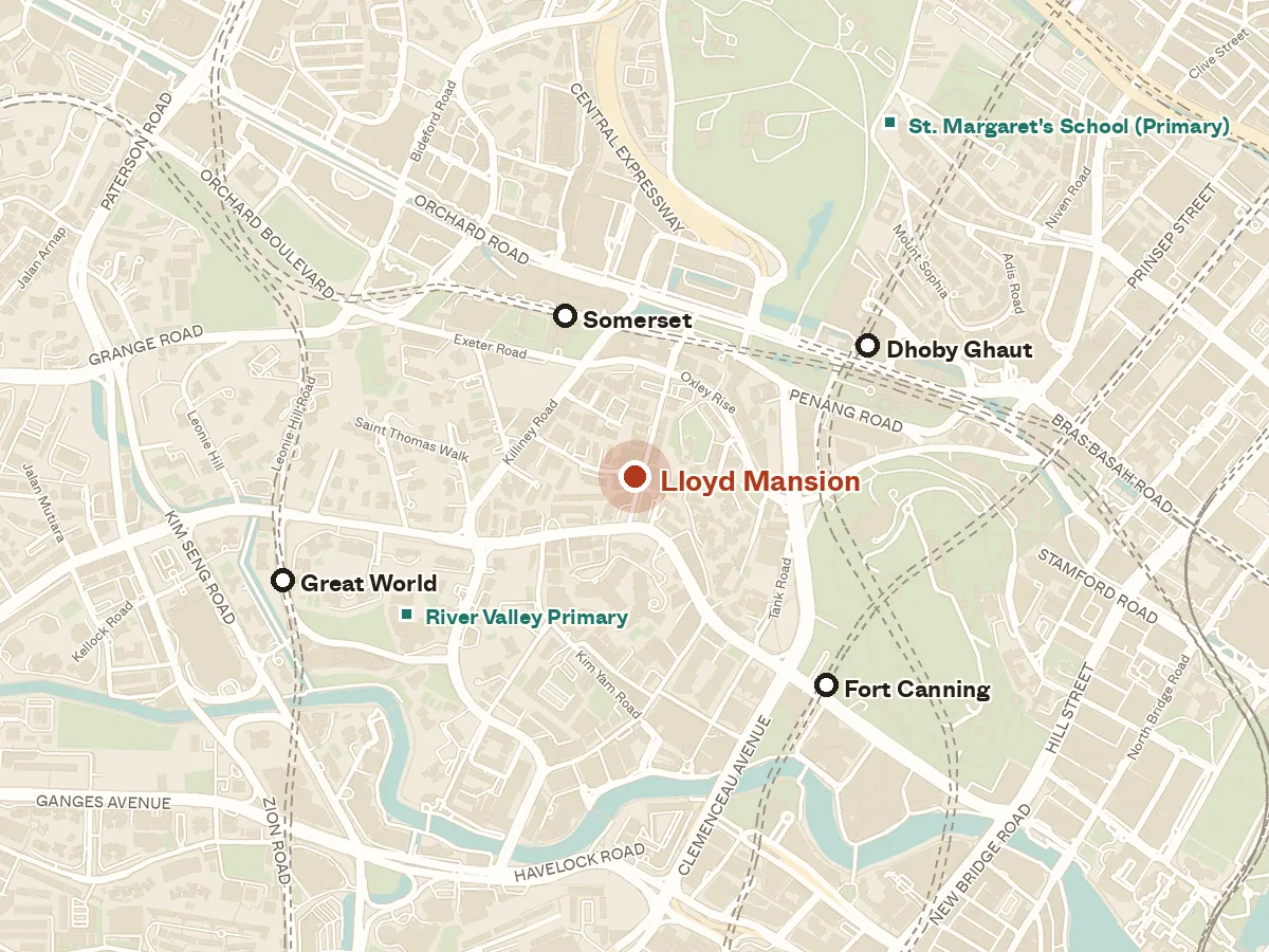 Map of the area around Lloyd Mansion, with nearby MRT stations and primary schools