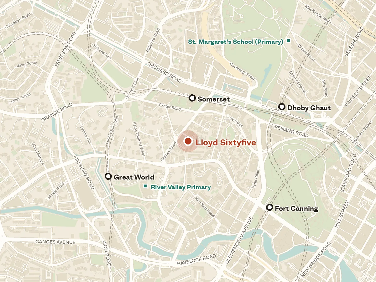 Map of the area around Lloyd Sixtyfive, with nearby MRT stations and primary schools