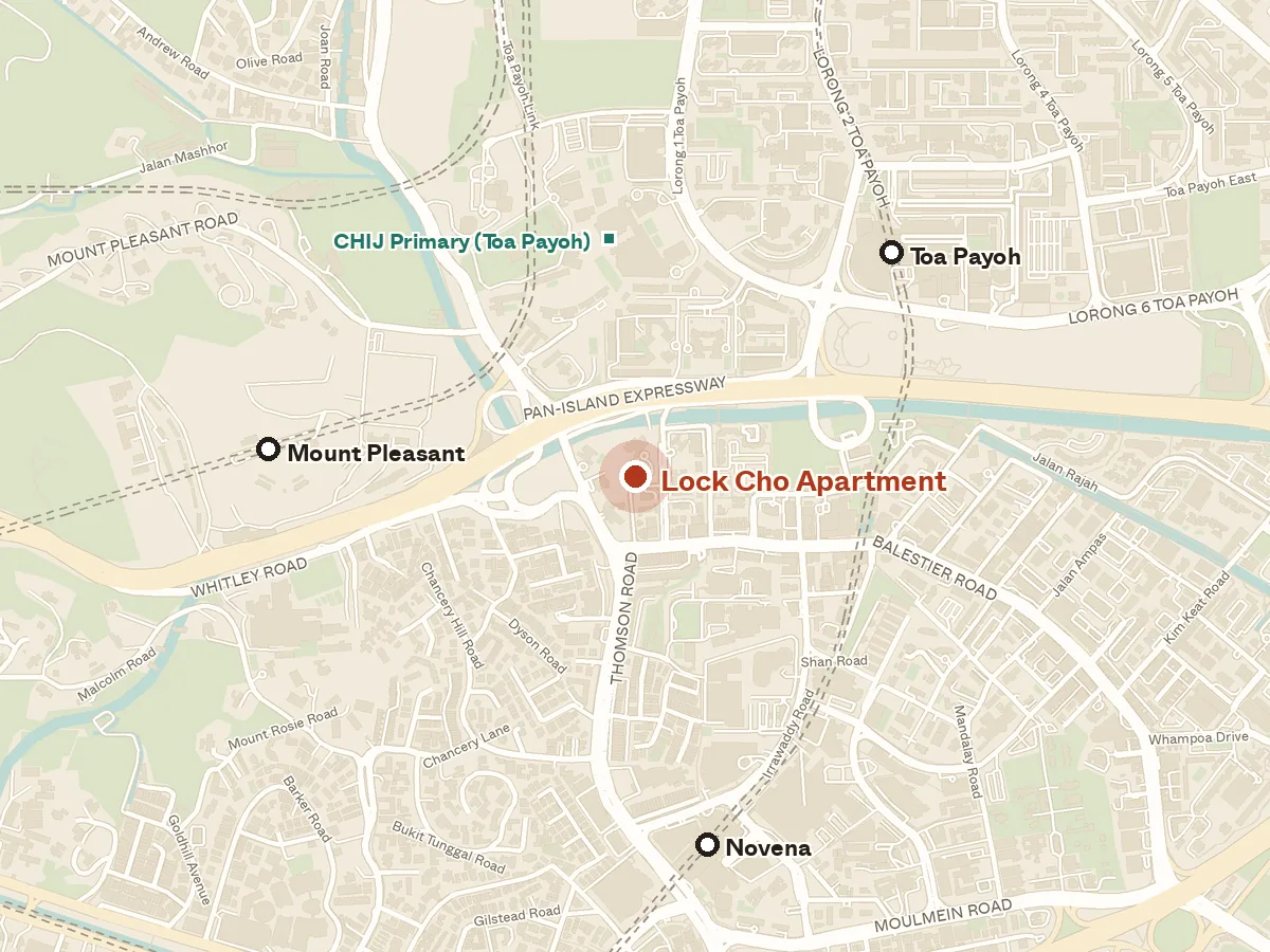 Map of the area around Lock Cho Apartment, with nearby MRT stations and primary schools