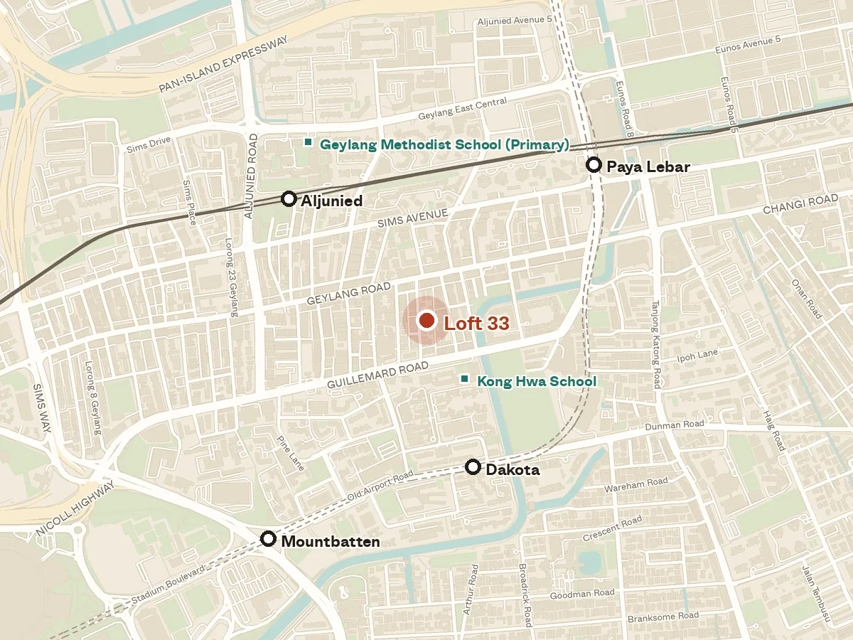 Map of the area around Loft 33, with nearby MRT stations and primary schools
